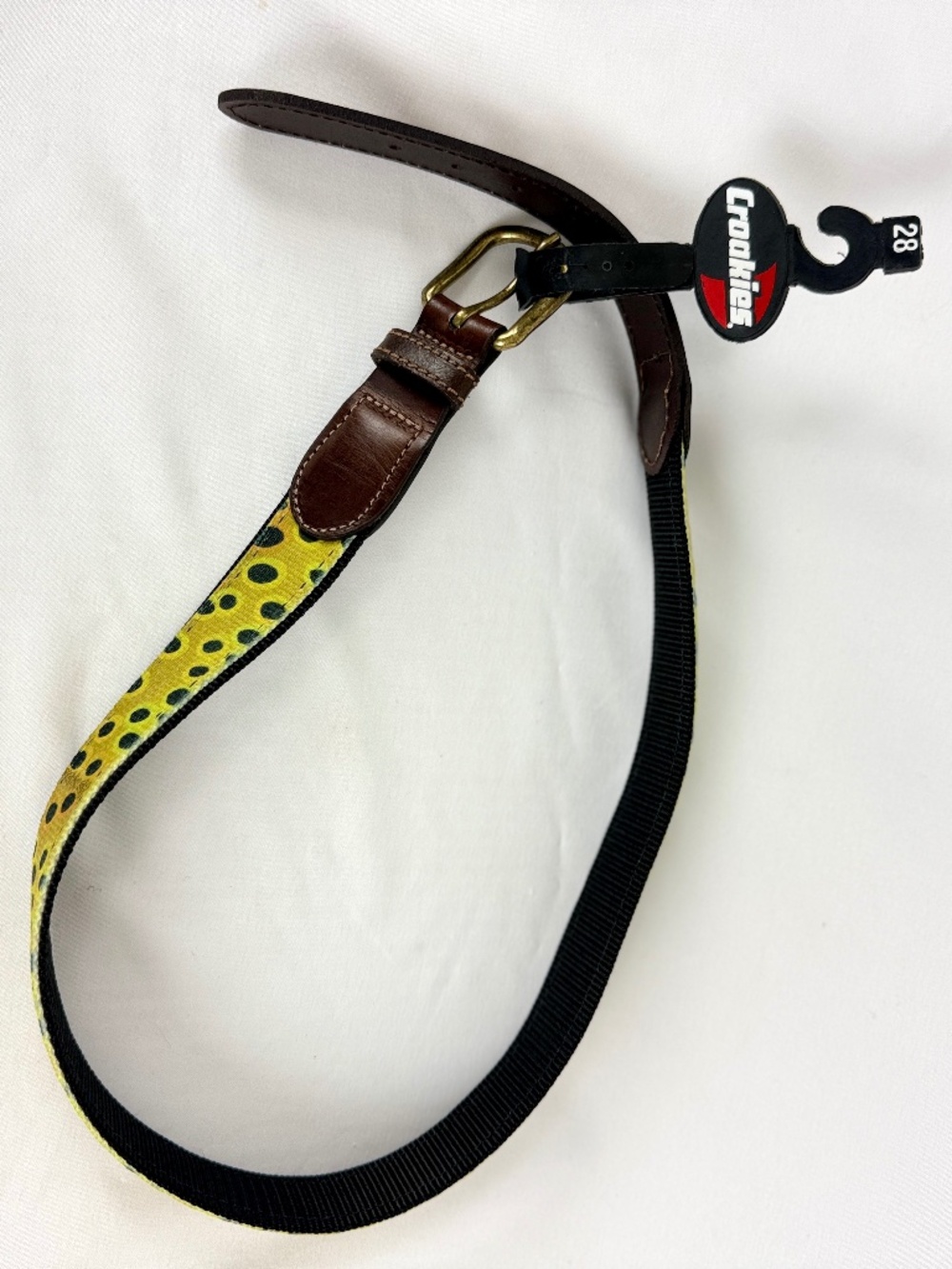 New wTag Croakies Belt 28-30 in AD Maddox Trout Pattern Web and Brown Leather